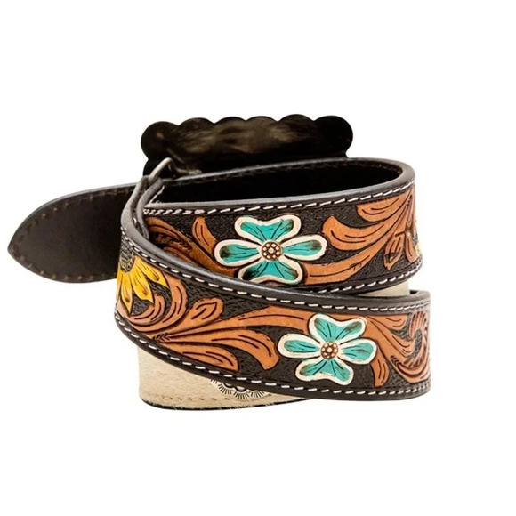 New! Myra Hand Tooled Leather Hair On Turquoise Buckle Belt - Picture 7 of 10